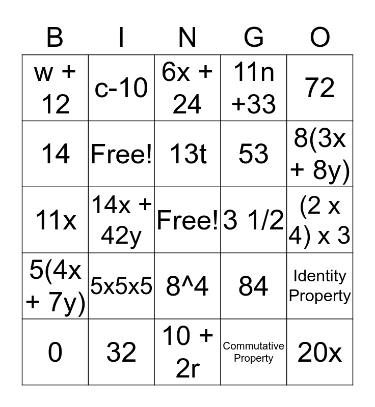 Expressions Bingo Bingo Card