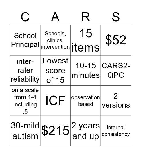 CARS-2 Bingo Card