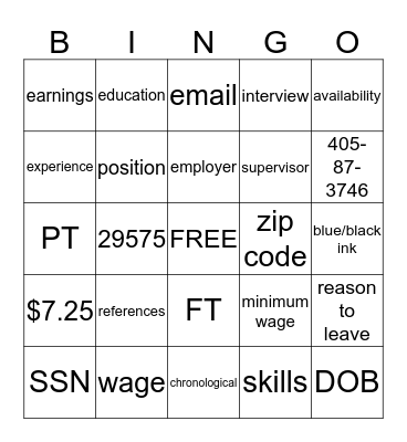 JOB APP VOCAB Bingo Card