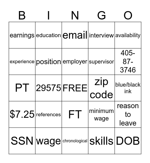 JOB APP VOCAB Bingo Card