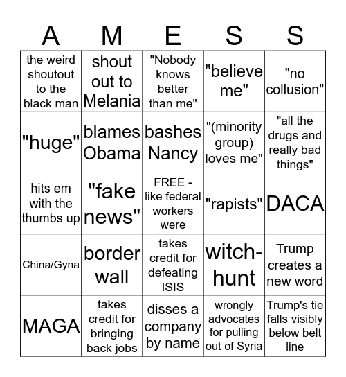 What is the State of our Union?  Bingo Card