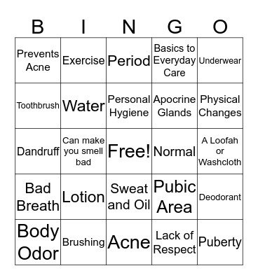 Personal Hygiene! Bingo Card