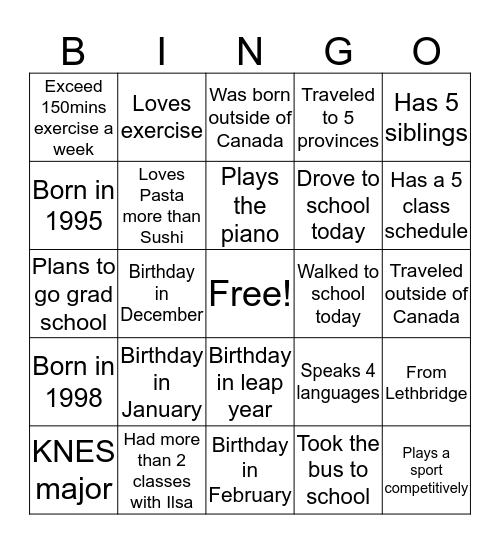 Getting To Know Each Other Bingo Card