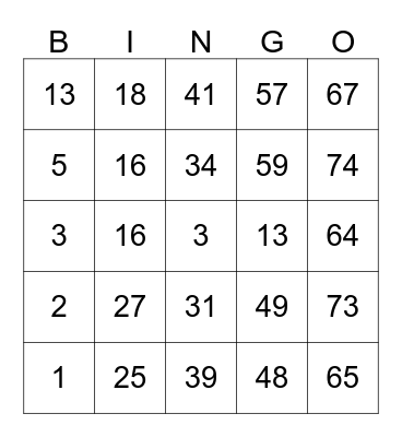 NUMBER Bingo Card