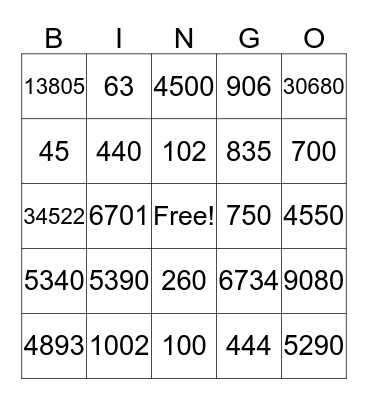 Number Bingo Card