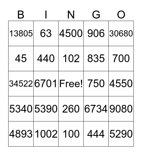 Number Bingo Card