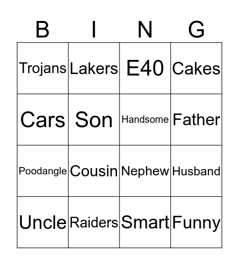 Johnathan's Birthday Bingo Card