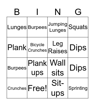 Fitness Bingo Card