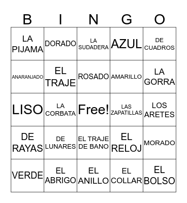 LA ROPA SPANISH 2 Bingo Card