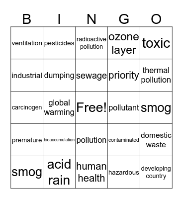 Pollution Bingo Card