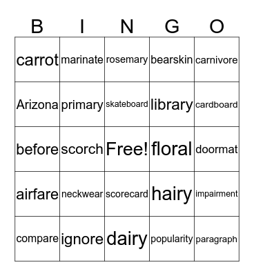 /or/ as in fork, /ar/ as in barn, and /ar/ as in care  Bingo Card