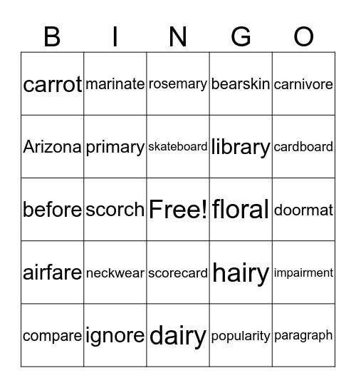 /or/ as in fork, /ar/ as in barn, and /ar/ as in care  Bingo Card
