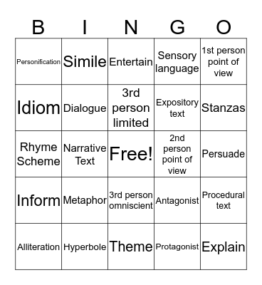 ELAR Vocabulary Bingo Card