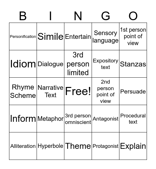 ELAR Vocabulary Bingo Card