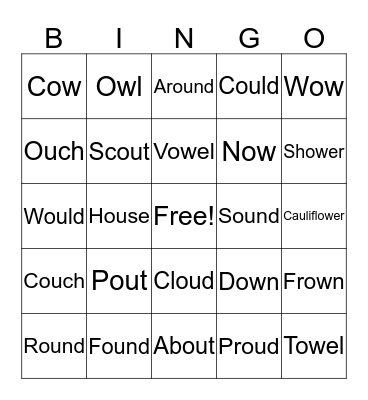 Ou/Ow Rhyming Words Bingo Card