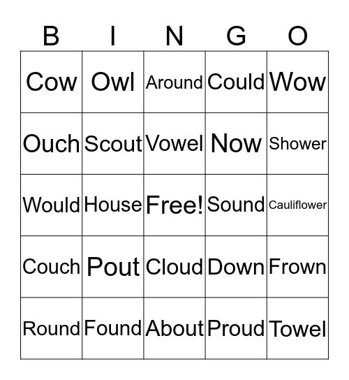 Ou/Ow Rhyming Words Bingo Card