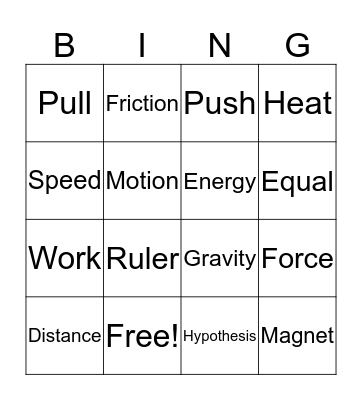 Forces and Motion Bingo Card