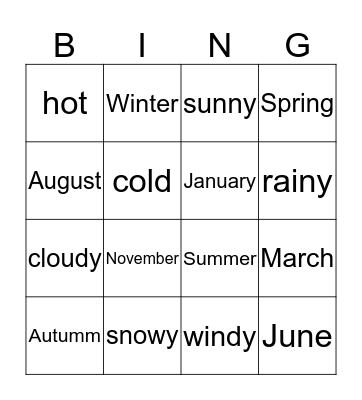 Weather bingo Card