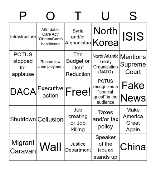 State of the Union Bingo Card