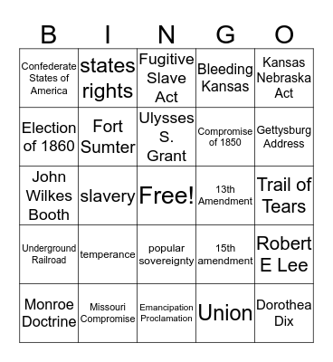 Civil War Bingo Card