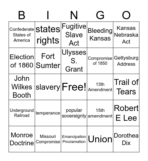 Civil War Bingo Card