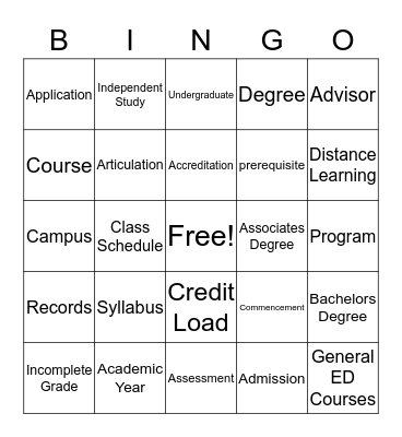 College Vocabulary BINGO Card