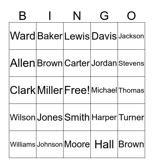 Common LAST Names Bingo Card