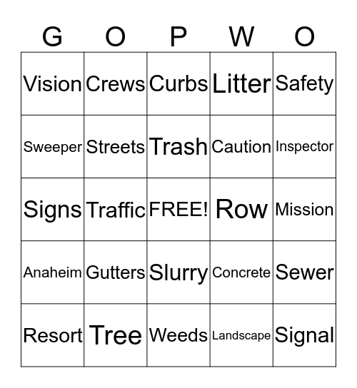 PW Operations Bingo Card