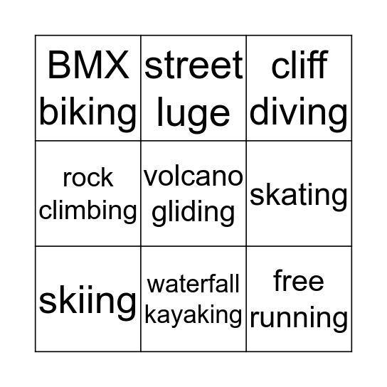 EXTREME SPORTS Bingo Card