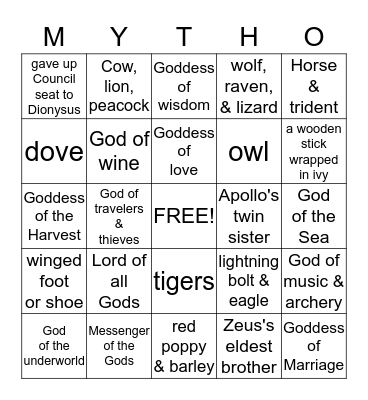 Greek Mythology Bingo Card