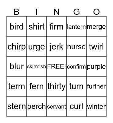 R-Controlled Vowels er, ir, ur Bingo Card