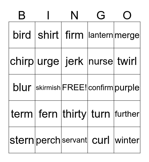 R-Controlled Vowels er, ir, ur Bingo Card