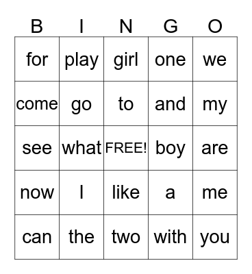 Sight Words Bingo Card