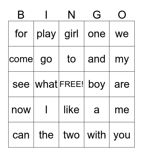 Sight Words Bingo Card