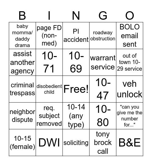 BLOTTER BINGO #1 Bingo Card
