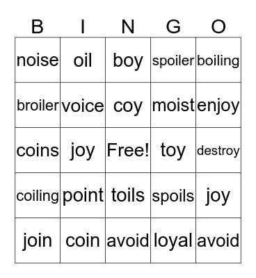 "oy" and "oi" Word Practice Bingo Card