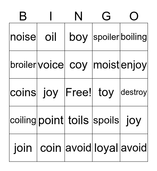 "oy" and "oi" Word Practice Bingo Card