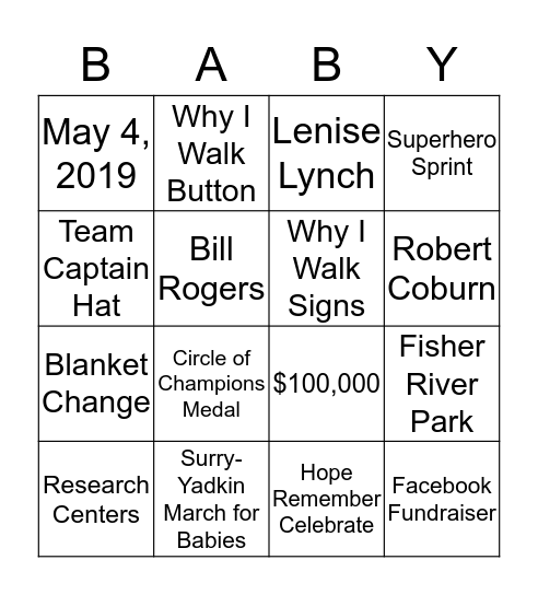 March for Babies Bingo Card