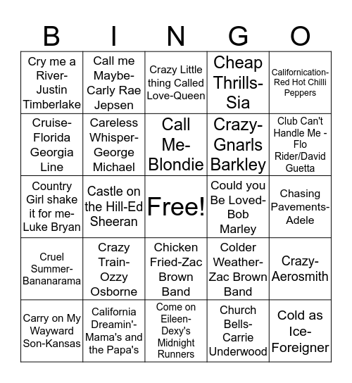 BB19 "C" Songs Bingo Card