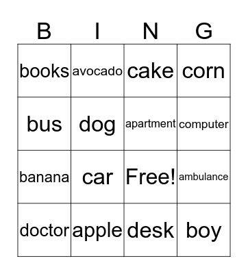 A to D Words Bingo Card