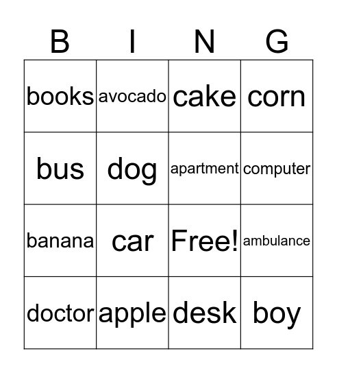 A to D Words Bingo Card