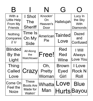 Cover Songs Bingo Card