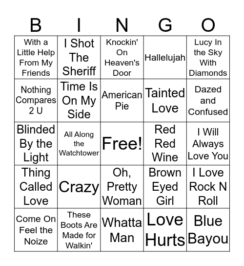 Cover Songs Bingo Card