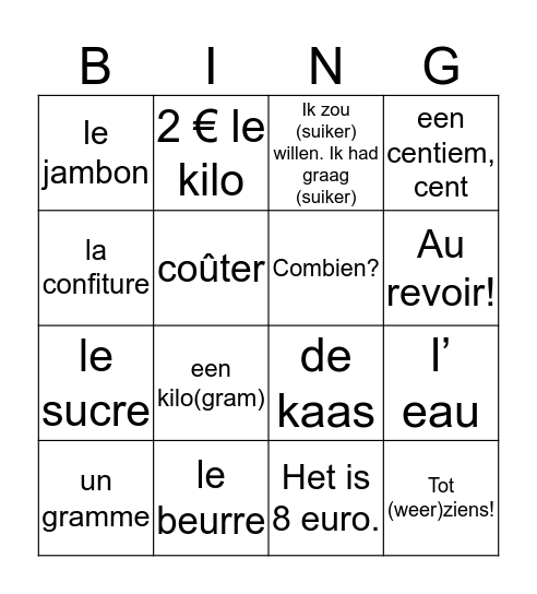 Vocabulaire Unité 27 Bingo Card