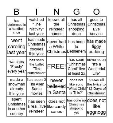 Staff Christmas Bingo Card