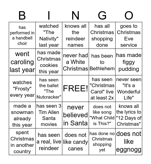 Staff Christmas Bingo Card