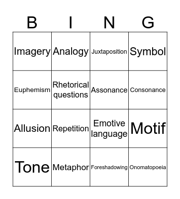 Literary Devices Bingo Card