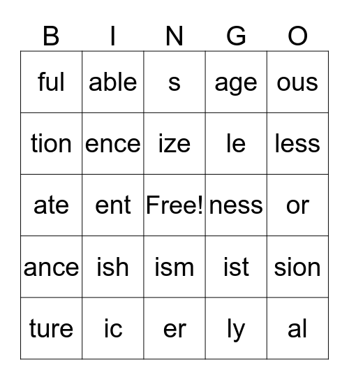 Suffix Bingo Card