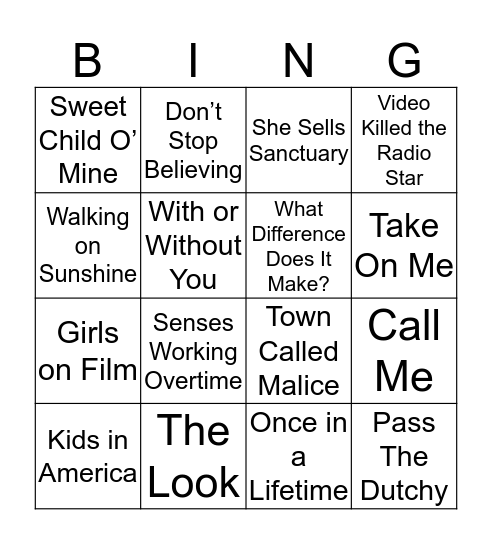 FOSS Music Bingo: 80s Bingo Card