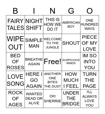 Kamikazi Karaoke Bingo Card